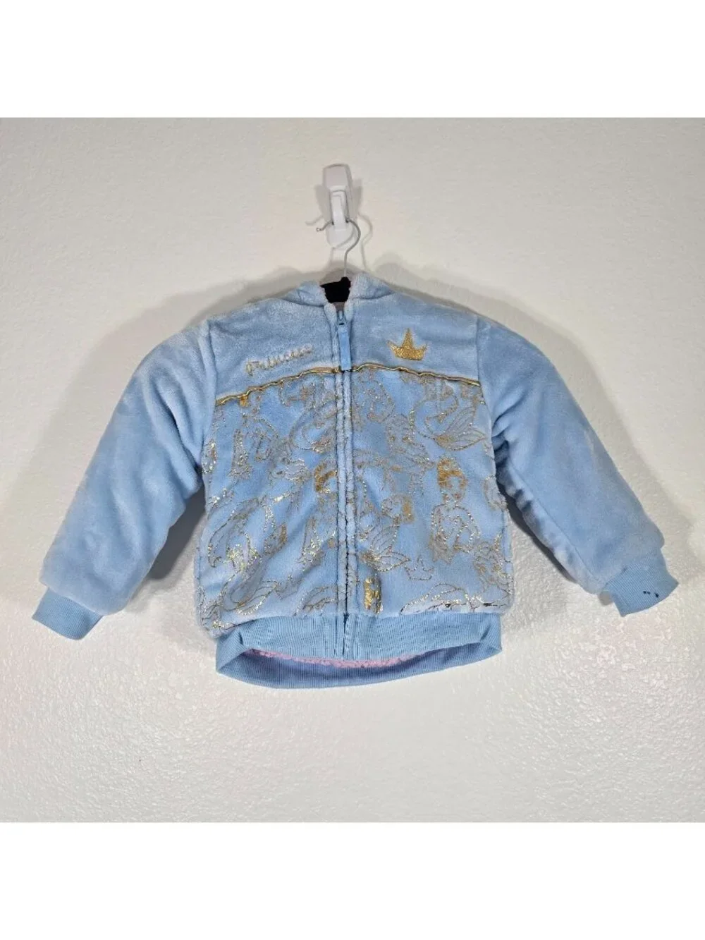 Disney Princess Plush Hooded Jacket Toddler 4T Blue Gold Fleece Lined Warm